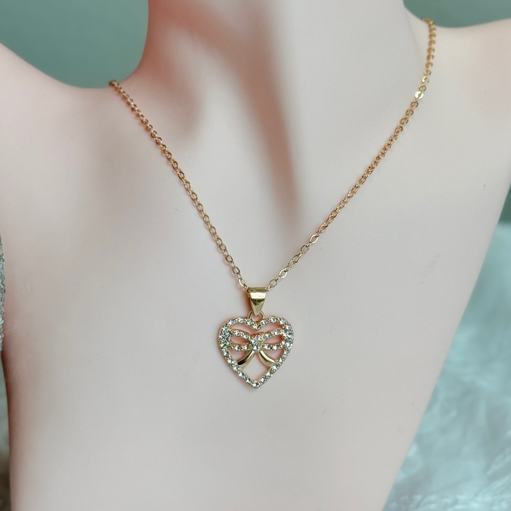 Gold Heart Pendant Necklace with Crystal Accents - Picture 3 of 7